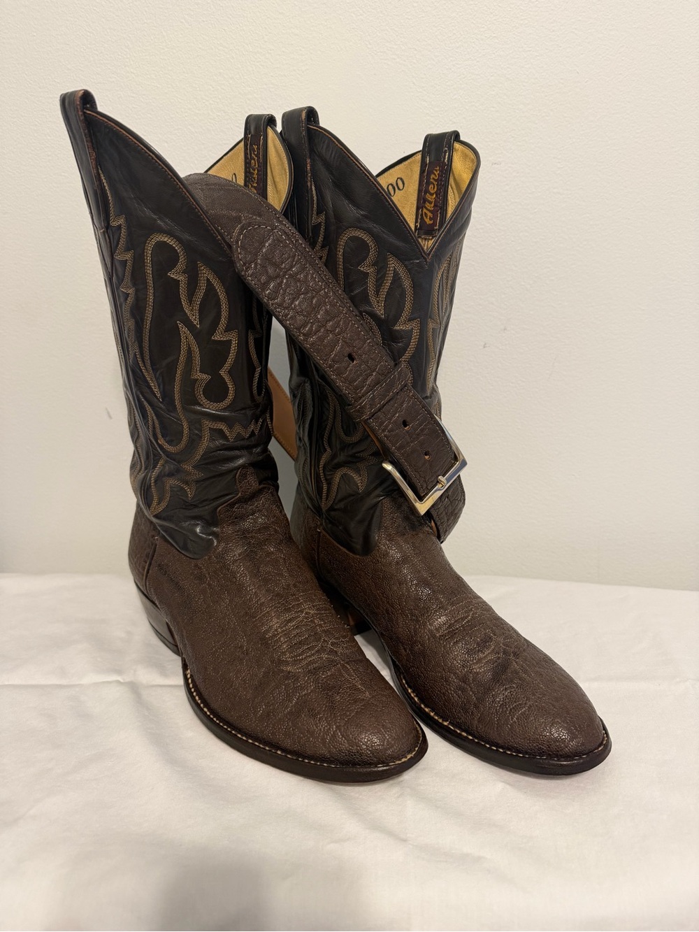Allen Dark Brown Leather Western Cowboy Boots with Decorative Stitching